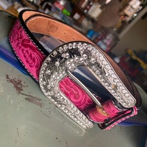 Elegant Pink Embellished Belt with Silver Buckle